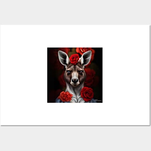 Kangaroo lady with red roses Posters and Art